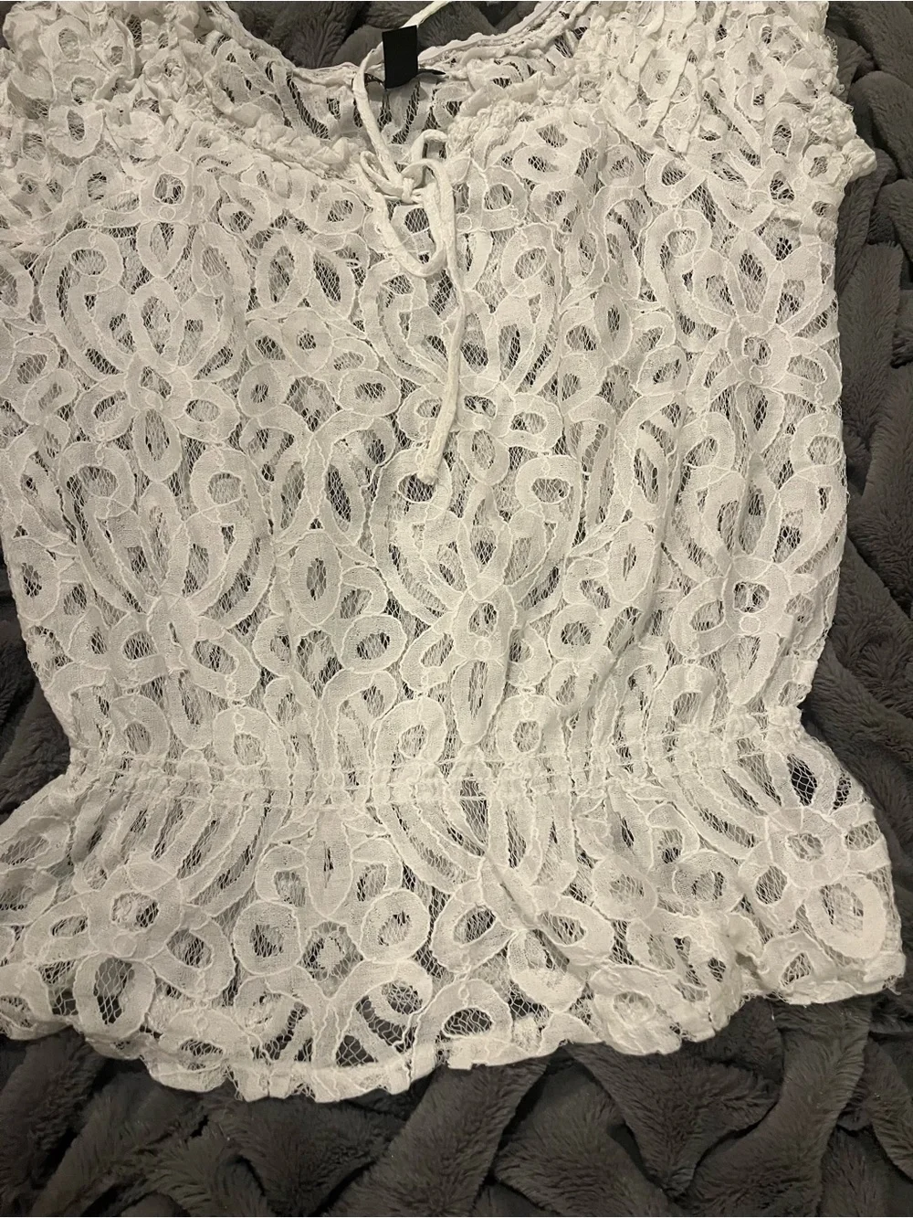 INC International Concepts White Lace Short Sleeve Peplum Blouse with Tie - Picture 6 of 9